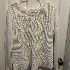Lands End Drifter Cable Knit Wool Sweater Winter White Ivory Size Large